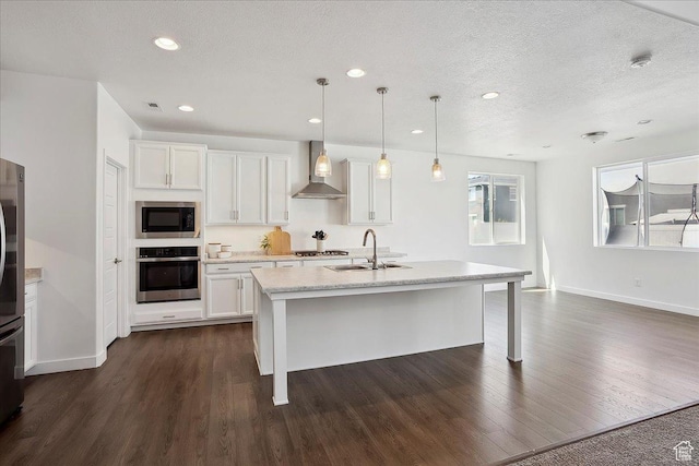 3278 S Boots Way, Syracuse, UT 84075 - kitchen featuring appliances with stainless steel finishes, wall chimney exhaust hood, a sink, baseboards, and dark wood-type flooring