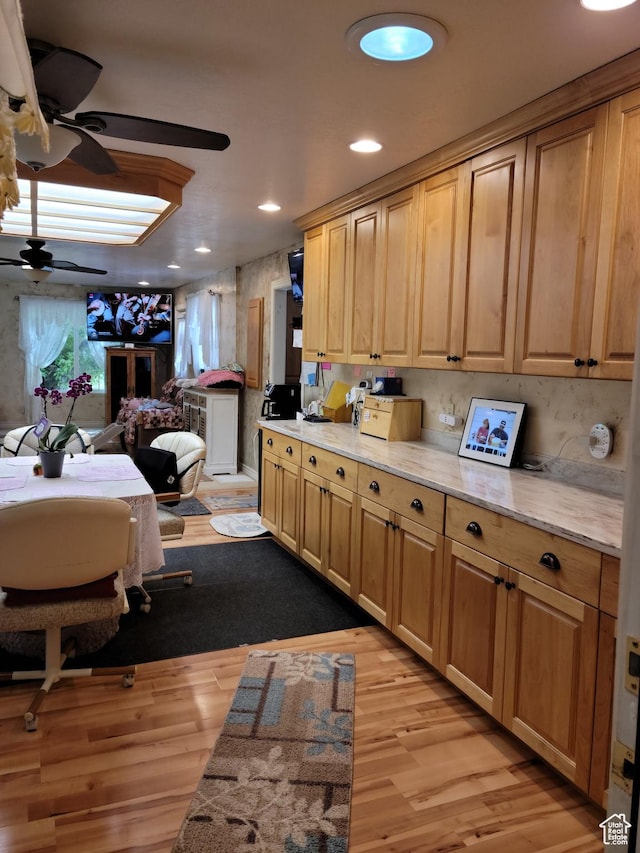 83 E Miners St, Ophir, UT 84071 - kitchen with a ceiling fan, light wood-type flooring, open floor plan, recessed lighting, and light stone countertops