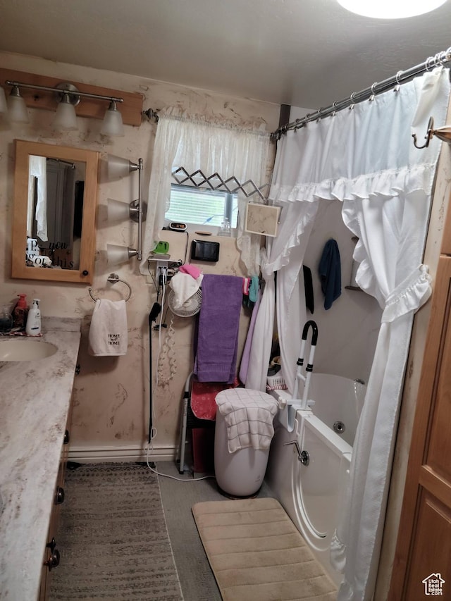 83 E Miners St, Ophir, UT 84071 - bathroom with vanity, a tub, and curtained shower