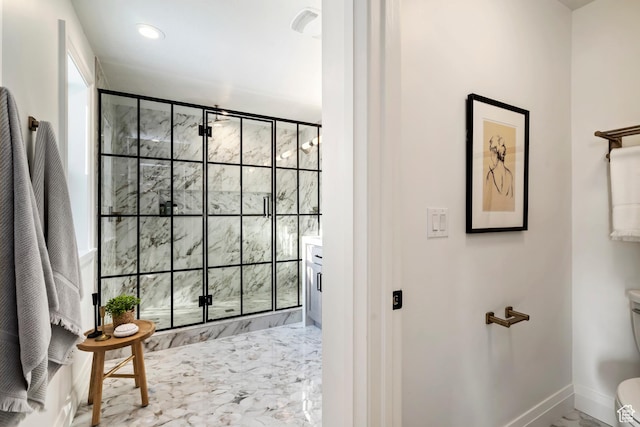 11214 S Easy Bee Rd, South Jordan, UT 84009 - full bath featuring toilet, a shower stall, marble finish floors, baseboards, and recessed lighting