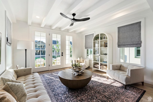 11214 S Easy Bee Rd, South Jordan, UT 84009 - living room featuring beamed ceiling, a ceiling fan, wood finished floors, baseboards, and recessed lighting