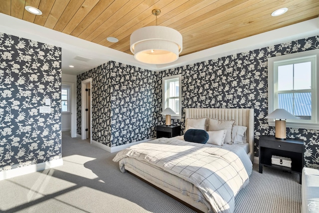 11214 S Easy Bee Rd, South Jordan, UT 84009 - bedroom featuring wooden ceiling, wallpapered walls, carpet, baseboards, and recessed lighting