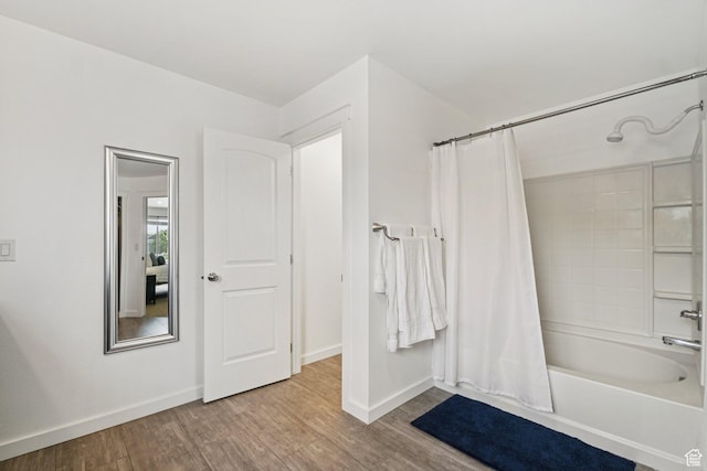 469 S Olive Way, Lehi, UT 84043 - bathroom featuring shower / tub combo with curtain, wood finished floors, and baseboards