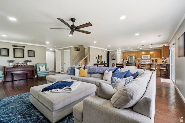 469 S Olive Way, Lehi, UT 84043 - living area with stairs, dark wood-type flooring, recessed lighting, ornamental molding, and ceiling fan