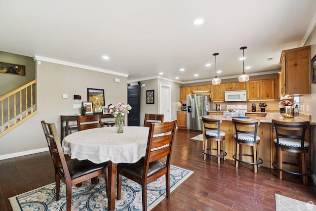 469 S Olive Way, Lehi, UT 84043 - dining area featuring stairway, recessed lighting, dark wood-type flooring, and ornamental molding