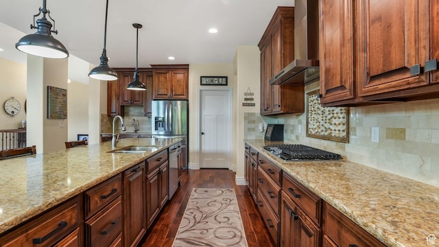 336 S 1400 W, Farmington, UT 84025 - kitchen featuring a sink, stainless steel appliances, wall chimney exhaust hood, dark wood-style floors, and light stone counters