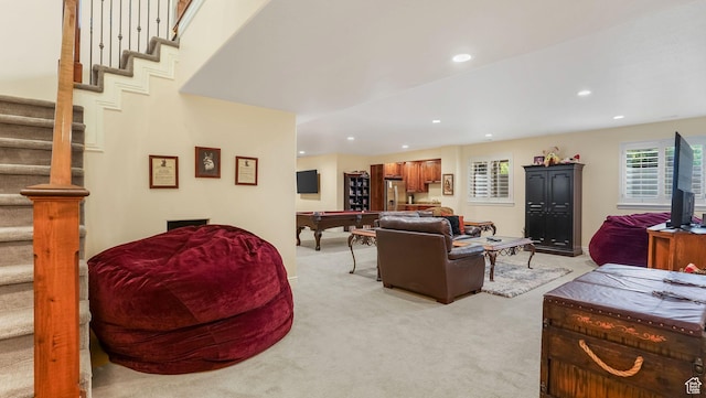 336 S 1400 W, Farmington, UT 84025 - living area featuring light colored carpet, stairs, billiards table, and recessed lighting
