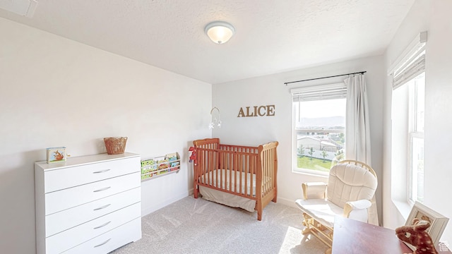 585 W 1420 S, Spanish Fork, UT 84660 - bedroom with light colored carpet, a crib, baseboards, and a textured ceiling