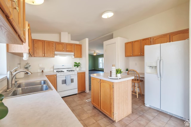 783 S 100 W, Payson, UT 84651 - kitchen featuring white appliances, a sink, under cabinet range hood, light countertops, and a kitchen island