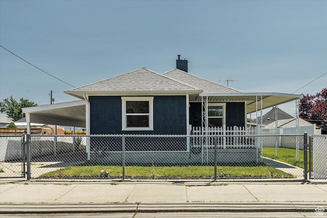 669 W 6th Ave, Midvale, UT 84047 - view of front of home featuring a shingled roof, a fenced front yard, a chimney, and a gate