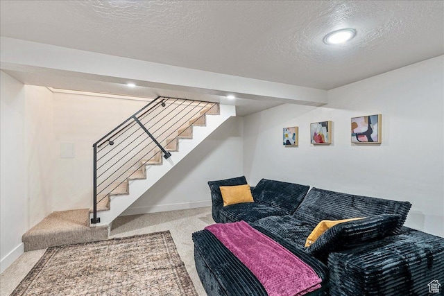 669 W 6th Ave, Midvale, UT 84047 - living room featuring baseboards, a textured ceiling, carpet flooring, and stairs