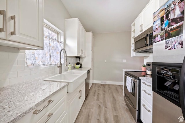 1532 S 200 E, Orem, UT 84058 - kitchen featuring stainless steel appliances, backsplash, light wood finished floors, a sink, and white cabinets