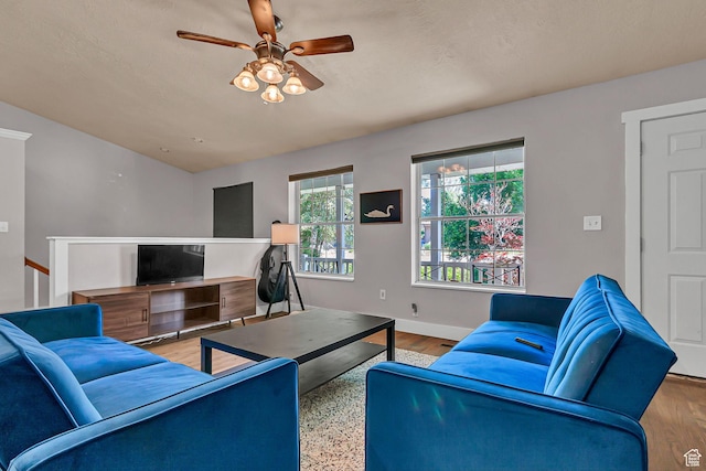 850 E 760 N, Lehi, UT 84043 - living area featuring a ceiling fan, baseboards, and wood finished floors