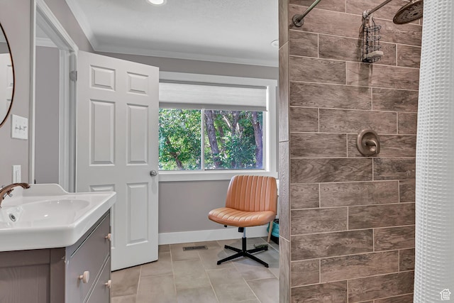 850 E 760 N, Lehi, UT 84043 - bathroom featuring vanity, a tile shower, tile patterned floors, and ornamental molding