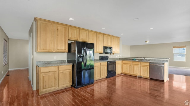 13764 S Rosie Ln, Herriman, UT 84096 - kitchen with black appliances, a sink, light brown cabinets, dark wood-type flooring, and recessed lighting