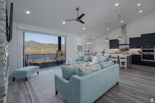 11103 N Shoreline Dr Unit # 3, Hideout, UT 84036 - living area featuring ceiling fan, wood finished floors, high vaulted ceiling, and recessed lighting