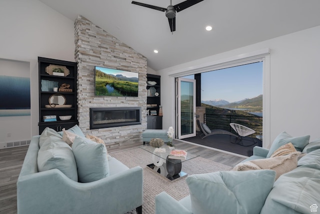11103 N Shoreline Dr Unit # 3, Hideout, UT 84036 - living room featuring a ceiling fan, wood finished floors, a fireplace, recessed lighting, and high vaulted ceiling