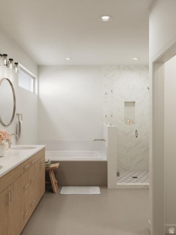 0, Washington, UT 84780 - full bathroom featuring a bath, a marble finish shower, double vanity, and recessed lighting