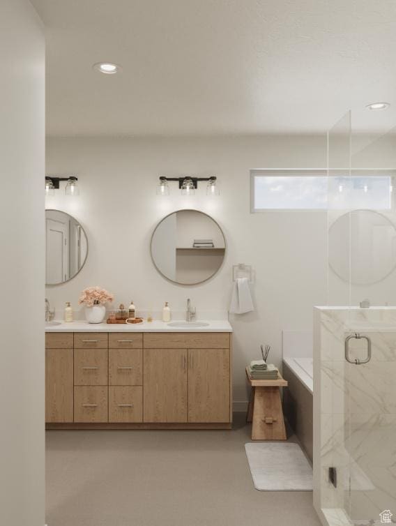 0, Washington, UT 84780 - bathroom with double vanity, a shower stall, a garden tub, and recessed lighting