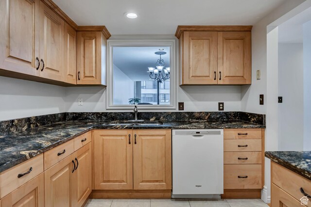 48 W 300 S Unit 1803N, Salt Lake City, UT 84101 - kitchen featuring white dishwasher, a sink, dark stone countertops, a chandelier, and light brown cabinetry