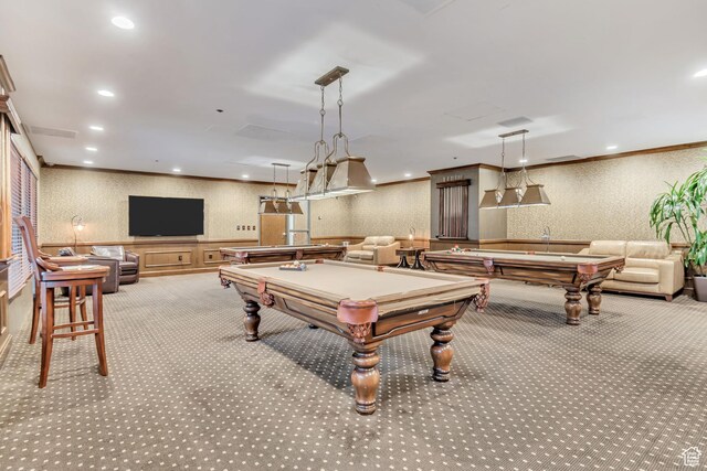 48 W 300 S Unit 1803N, Salt Lake City, UT 84101 - game room featuring wallpapered walls, carpet flooring, pool table, recessed lighting, and crown molding