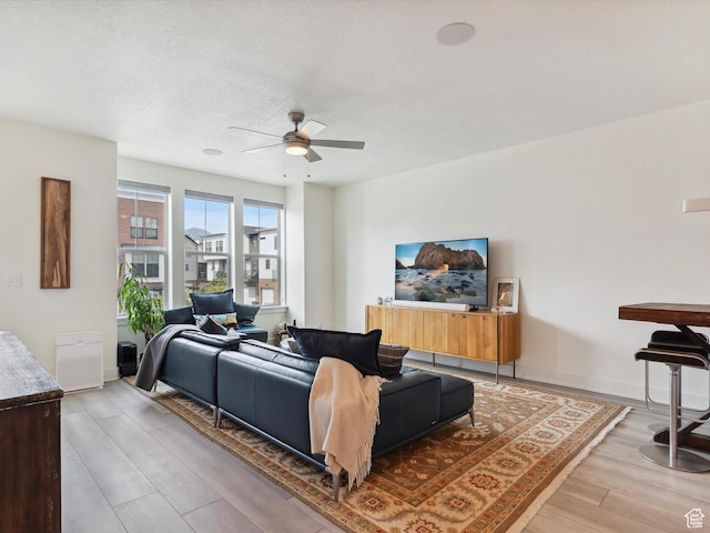 335 E Park Blvd S, Ogden, UT 84401 - living room with ceiling fan, light wood-style floors, a textured ceiling, and baseboards