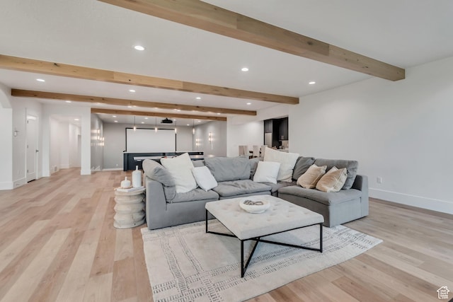 1366 S 370 E, Salem, UT 84653 - living area with beamed ceiling, light wood-style flooring, recessed lighting, and baseboards