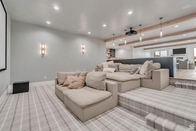 1366 S 370 E, Salem, UT 84653 - home theater room with recessed lighting, light carpet, beam ceiling, and baseboards