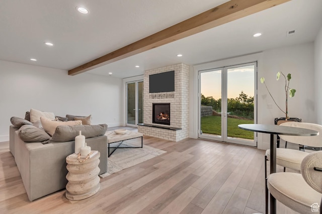 1366 S 370 E, Salem, UT 84653 - living room with light wood-style flooring, beam ceiling, recessed lighting, and a fireplace