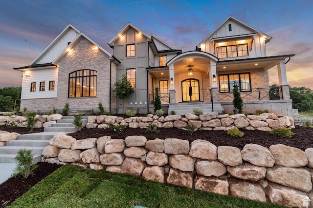 1366 S 370 E, Salem, UT 84653 - view of front of house with stone siding, board and batten siding, a porch, and stairway