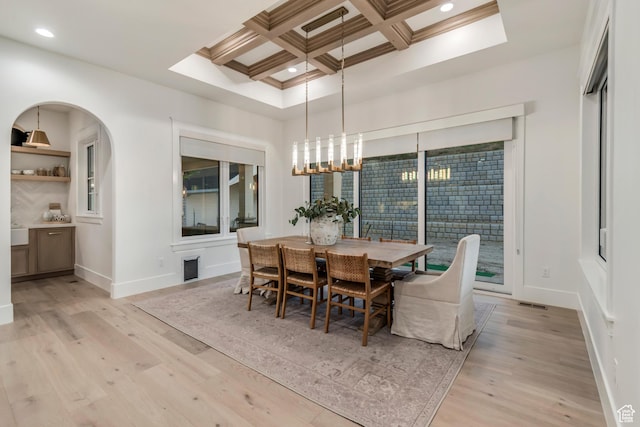 1366 S 370 E, Salem, UT 84653 - dining room with light wood-style flooring, coffered ceiling, beam ceiling, baseboards, and recessed lighting