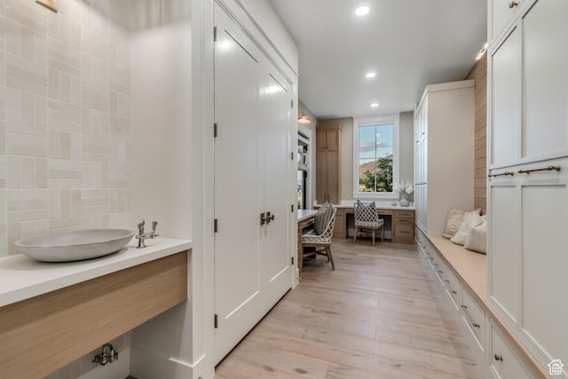 1366 S 370 E, Salem, UT 84653 - bathroom featuring recessed lighting, wood finished floors, backsplash, and vanity