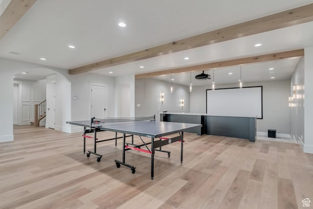 1366 S 370 E, Salem, UT 84653 - rec room with arched walkways, beam ceiling, light wood-style floors, baseboards, and recessed lighting