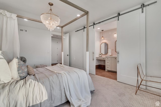 1366 S 370 E, Salem, UT 84653 - carpeted bedroom with a barn door, recessed lighting, a chandelier, and ensuite bath