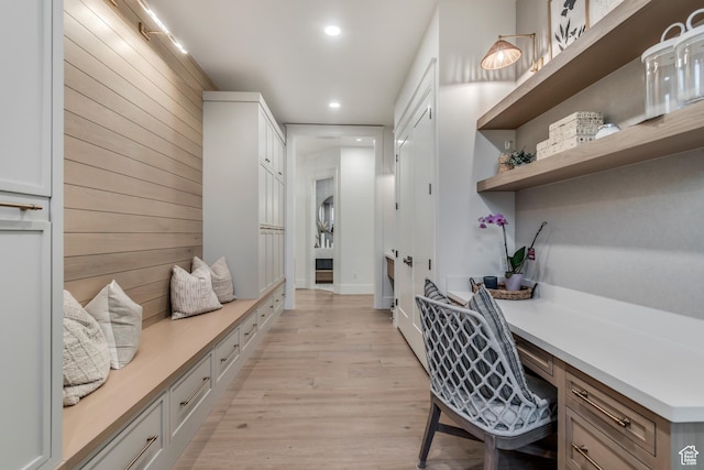 1366 S 370 E, Salem, UT 84653 - office space with built in desk, recessed lighting, light wood-style flooring, and wooden walls
