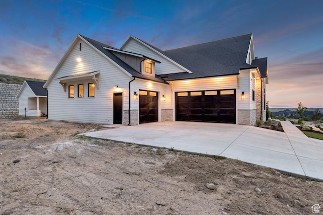 1366 S 370 E, Salem, UT 84653 - modern farmhouse style home with an attached garage, driveway, and stone siding