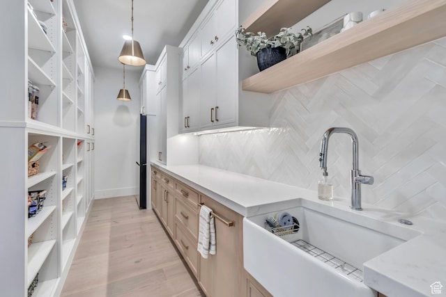 1366 S 370 E, Salem, UT 84653 - kitchen featuring open shelves, a sink, decorative backsplash, pendant lighting, and white cabinetry