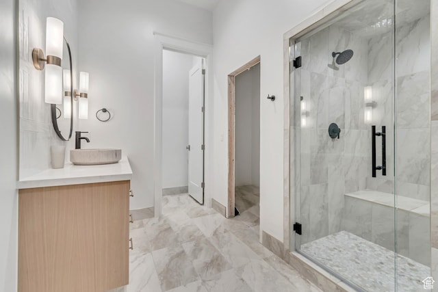 1366 S 370 E, Salem, UT 84653 - full bath featuring a shower stall, marble finish floors, vanity, and baseboards