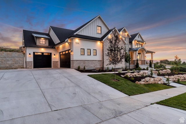 1366 S 370 E, Salem, UT 84653 - modern farmhouse style home featuring board and batten siding, concrete driveway, stone siding, and a lawn