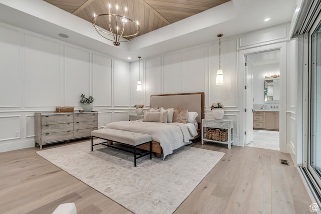 1366 S 370 E, Salem, UT 84653 - bedroom featuring a decorative wall, light wood finished floors, a chandelier, ensuite bath, and recessed lighting