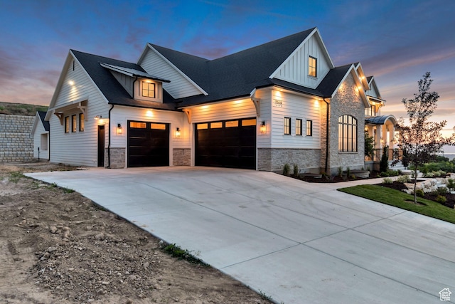1366 S 370 E, Salem, UT 84653 - modern inspired farmhouse with stone siding, an attached garage, driveway, and board and batten siding
