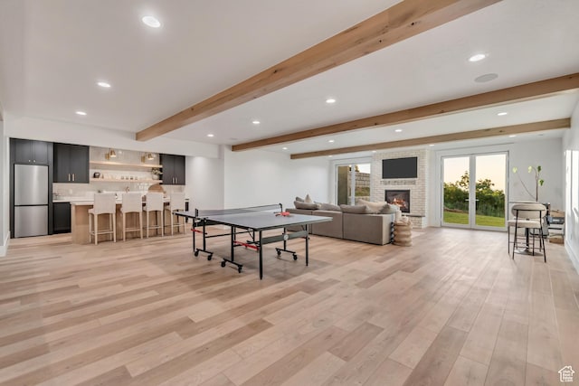 1366 S 370 E, Salem, UT 84653 - game room featuring beamed ceiling, light wood-style flooring, recessed lighting, a fireplace, and bar