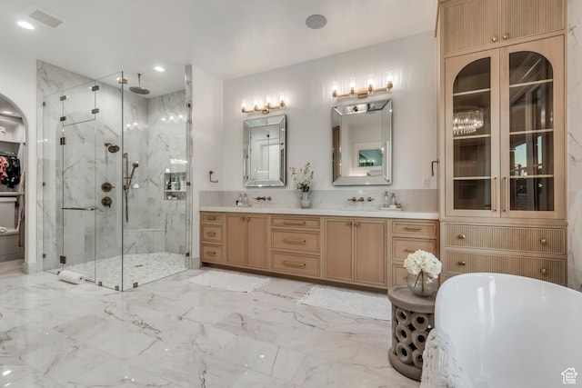 1366 S 370 E, Salem, UT 84653 - bathroom featuring a marble finish shower, a freestanding tub, double vanity, marble finish floors, and recessed lighting