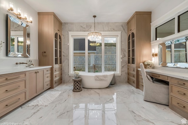 1366 S 370 E, Salem, UT 84653 - full bathroom featuring a chandelier, a freestanding tub, vanity, and marble tiled flooring