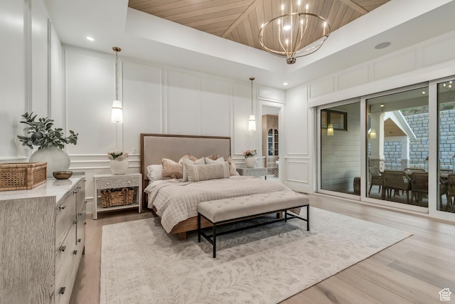 1366 S 370 E, Salem, UT 84653 - bedroom with a decorative wall, light wood-type flooring, access to outside, a chandelier, and wooden ceiling