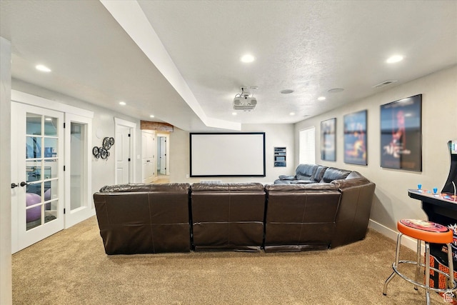 674 S 150 W, Hyde Park, UT 84318 - home theater with light colored carpet, recessed lighting, baseboards, and french doors