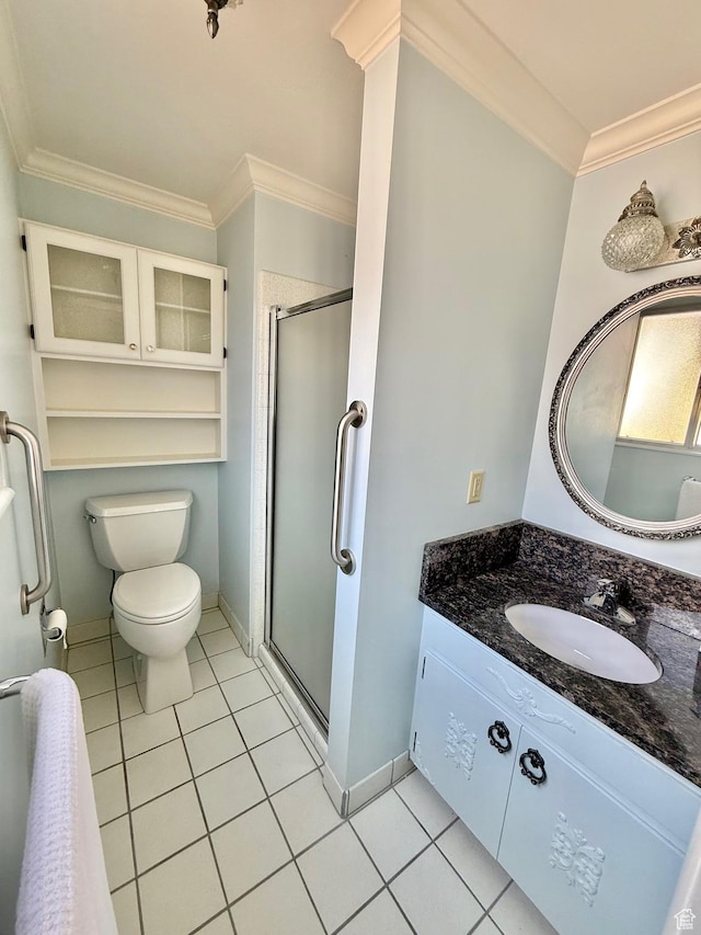 5253 S 2150 W, Roy, UT 84067 - bathroom with vanity, a stall shower, toilet, tile patterned floors, and ornamental molding
