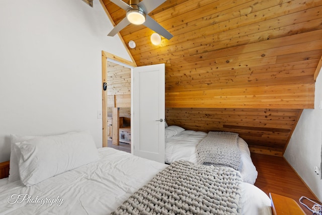 332 W Pinehurst Dr, Brian Head, UT 84719 - bedroom featuring wooden ceiling with exposed beams, wood finished floors, wooden walls, a ceiling fan, and high vaulted ceiling