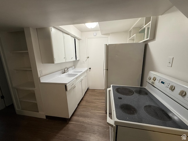 2168 S Harrison Blvd, Ogden, UT 84401 - kitchen with white appliances, a sink, open shelves, dark wood-style floors, and white cabinets