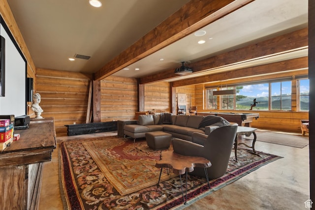 7701 N W Hills Trl, Park City, UT 84098 - living area with recessed lighting, finished concrete floors, beam ceiling, and rustic walls